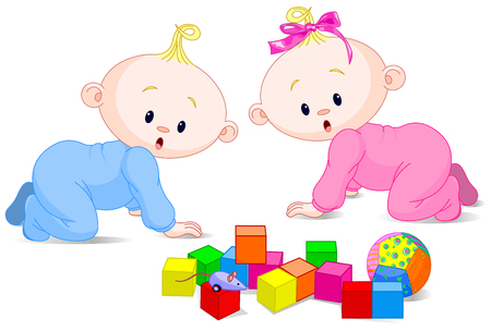 Two cute playing babies with cubesのイラスト素材