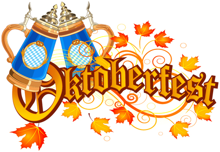 Oktoberfest Celebration design with glass of beer autumn leavesのイラスト素材