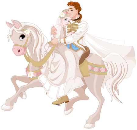 Illustration of princess and prince riding a horse after wedding.のイラスト素材