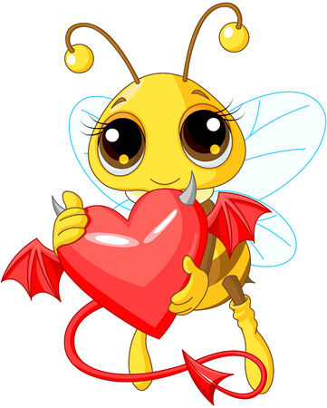 A cartoon illustration of a Cute Bee holding a Devil Heartのイラスト素材