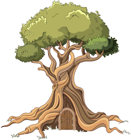 Cartoon vector llustration of a majestic tree with a door, isolated on white.のイラスト素材