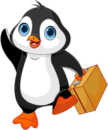 Penguin with a suitcase is leaving and waving goodbyeのイラスト素材