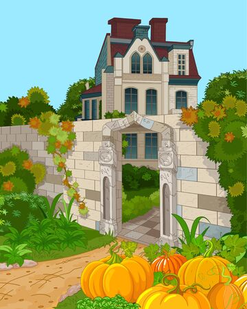 Illustration of Victorian house faÃ§ade and pumpkinsのイラスト素材