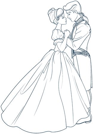 Coloring page of the royal ball dance of Cinderella and Princeのイラスト素材