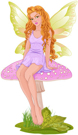Illustration of fairy sitting on mushroomのイラスト素材