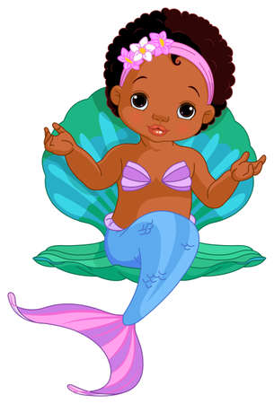 Illustration of a cute baby mermaid girl sitting in a shellのイラスト素材
