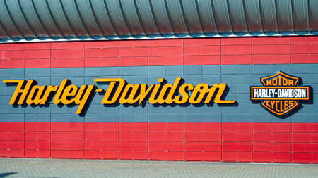 MINSK, BELARUS - MARCH 09, 2022: Harley-Davidson sign at the motorcycle salon shopping center on Pobediteley Avenue in Minskのeditorial素材