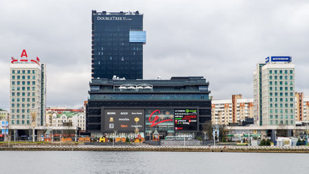 Minsk, Belarus - January 07, 2018: The building of the DoubleTree by Hilton hotel and shopping...