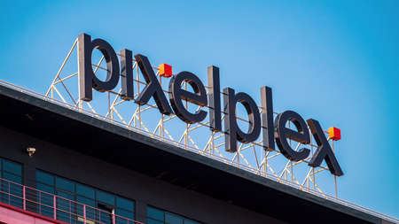 Minsk, Belarus - March 24, 2022: PIXELPLEX sign at the office building in Minskのeditorial素材