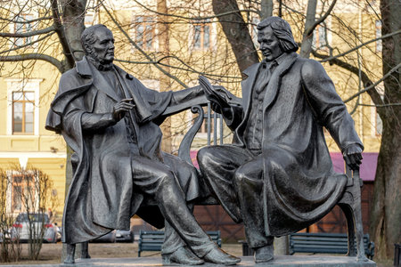 Minsk, Belarus - March 24, 2022: Monument to Stanislaw Moniuszko and Vintsent Dunin-Martsinkyevich in Minsk. The authors of the sculpture are Lev Gumilevsky and Sergey Gumilevskyのeditorial素材