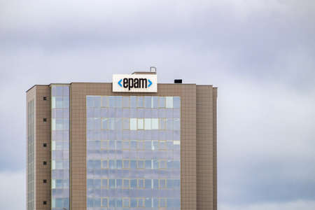 Minsk, Belarus - February 03, 2022: EPAM. Signboard of product development company EPAM Systems, Inc. at the business center on Pritytskogo Street in Minskのeditorial素材
