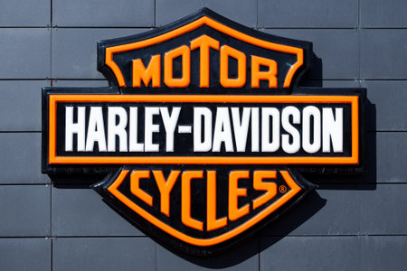 Minsk, Belarus - March 09, 2022: Harley-Davidson sign at motorcycle salon shopping center on...