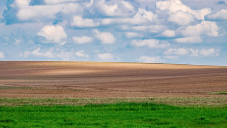 <p>An agricultural ploughed field. Heavy thunderstorm clouds. Spring. Panorama</p>