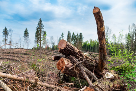 Deforestation landscape view of trees cut. Concept of ecology, environment, global warming.の写真素材