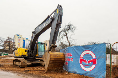Minsk, Belarus - April 01, 2017: Volvo excavator at a construction site. Front viewのeditorial素材