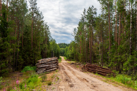 Stacks of logs lie along a forest road near a logging siteの写真素材