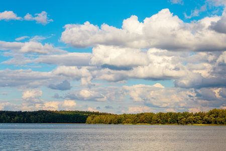 Water landscape, forest and river. Cumulus clouds in the blue skyの写真素材