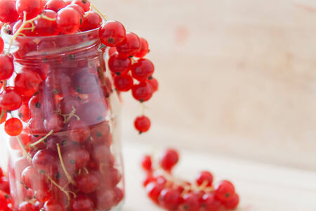 Redcurrant bunches in glass on light wood plate  Close-up photoの写真素材