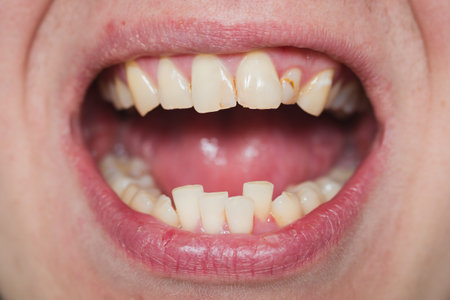 European male open mouth crooked yellow teeth dry lips