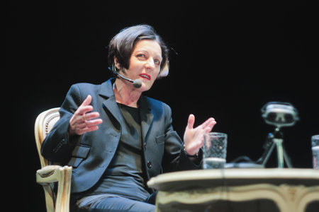 Vilnius Lithuania - April 11 2011 Discussion, interview with Herta Muller on theater stage.