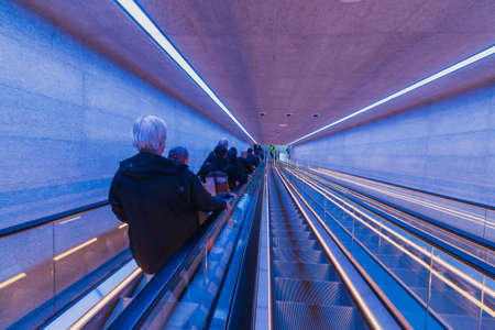 Copenhagen, Zealand Denmark - 29 9 2019: First people going to try new M3 Cityringen metro line in Copenhagen. Escalator down to Gammel Strand stationのeditorial素材