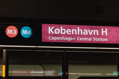 Copenhagen, Zealand Denmark - 29 9 2019: Copenhagen central metro station sign. Metro M3 M4 Cityringen lineのeditorial素材