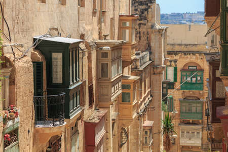 Historical old colorful balconies in Valletta, Maltaの写真素材