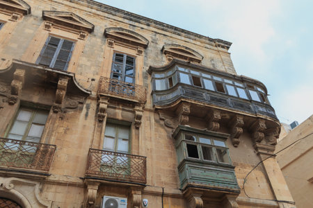 Historical old balconie in Valletta, Maltaの写真素材