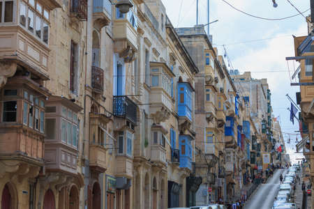 Historical old colorful balconies in Valletta, Maltaの写真素材