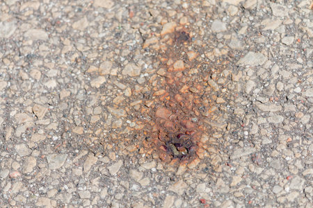 Iron rust mark on asphalt - dry summer season