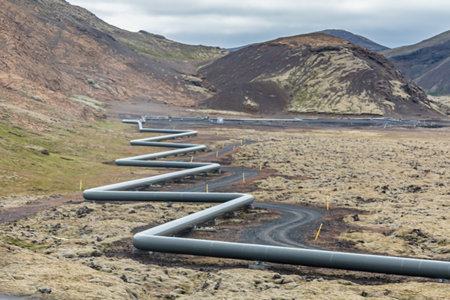 geothermal energy in iceland huge pipe on the ground - summerの写真素材