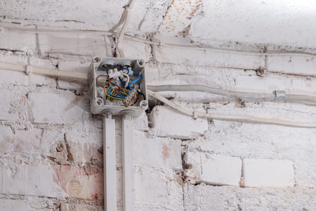 Open 6 Way Junction Box. Messy tangled cables. Uncovered open box.