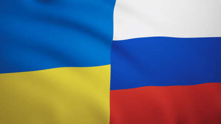 Waves Ukraine and Russia flags - Flags of countries.の写真素材