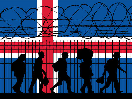 Iceland - MIGRANT CRISIS foreign citizen entry to the country. Refugees near barbed wire fence....