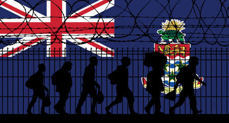 Cayman Islands - MIGRANT CRISIS foreign citizen entry to the country. Refugees near barbed wire fence. Latin America and Caribbean Region. Concept illustration.の写真素材