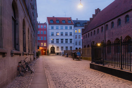 Cozy evening in Copenhagen street - Colorful old buildings.