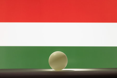 The ball stands on a surface in front of Hungary. World Table Tennis Championshipsの写真素材