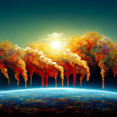 Global warming illustration - globe and chimneys with smoke covering sunshine. Generated by AI.