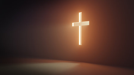 Shining cross on the wall with warm yellow rays of light in dark room - 3D illustration - right sideの写真素材