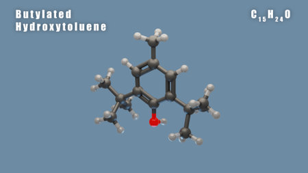 Butylated hydroxytoluene of C15H24O 3D Conformer render. Food additive E321の写真素材