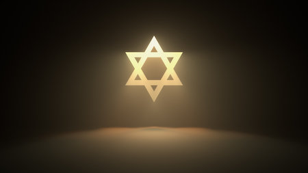 Shining symbol of Judaism Star of David on the wall with warm yellow rays of light - 3D illustrationの写真素材