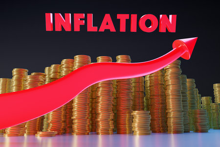Coins and arrow to growing inflation. 3D render conceptual illustration.の写真素材