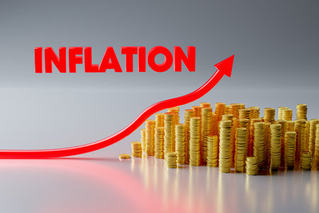 Coins and arrow to growing inflation. 3D render conceptual illustration.の写真素材