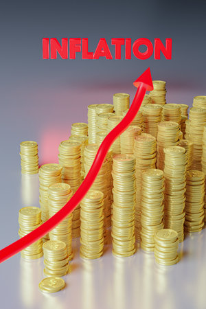 Coins and arrow to growing inflation. 3D render conceptual illustration.の写真素材