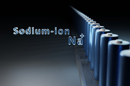 The line of Sodium-ion batteries in a dark background- 3D render - shallow focus