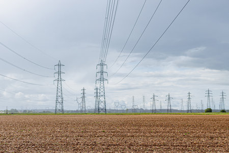 A lot of overhead high power electricity lines - Europeの写真素材