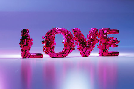 The pink word LOVE explodes into a small particles. 3D render animation.の写真素材