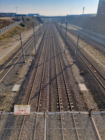 Empty electric train line in Lyon France - French train traffic.