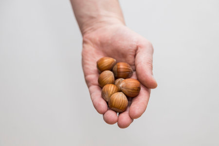 Caucasian man holds a handful of hazelnutsの写真素材
