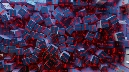 Shining red violet PFAS cubes view from the top. Conceptual background.